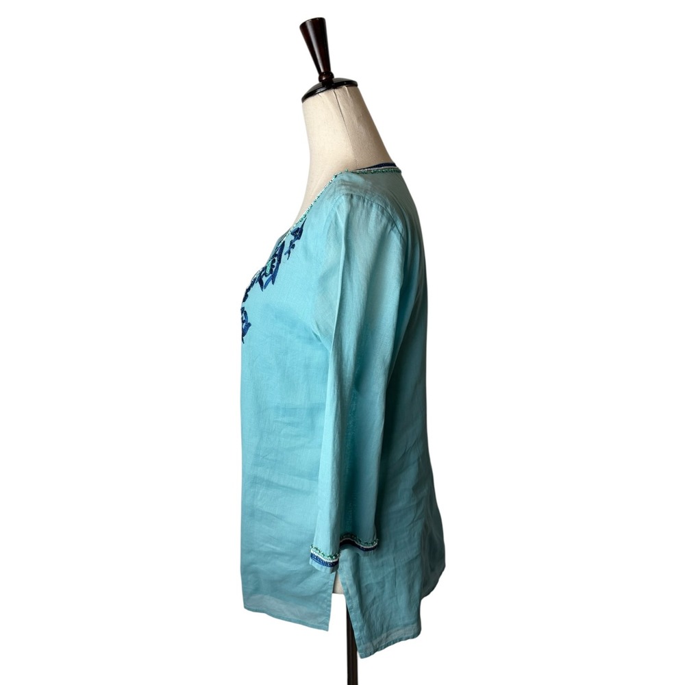 Journal Embroidered Tunic Women 6 Turquoise Blue Beaded Boho Cotton Top Cottage - Picture 6 of 13